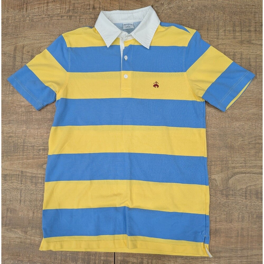 Brooks Brothers 1818 Polo Shirt Mens Size S Blue Yellow Stripe Slim Fit Rugby
